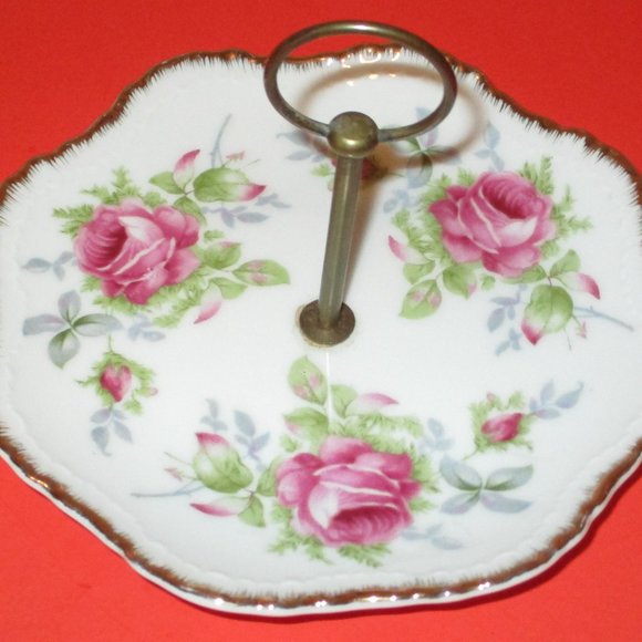 Small Porcelain Lefton China Serving Plate Hand Painted Roses 6" Center Handle - Picture 2 of 4